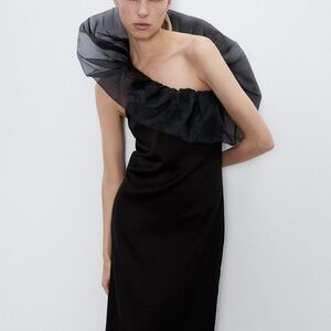 Zara Black Satin One-Shoulder Ruffle Evening Dress